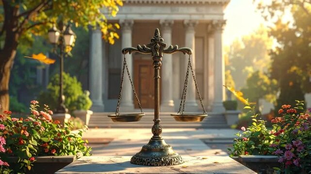 Scales of justice stand prominently before a classical building, symbolizing law and fairness.