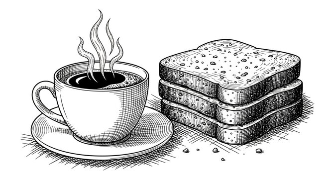 Steaming Cup of Hot Coffee with a Stack of Delicious Toast Slices for Breakfast