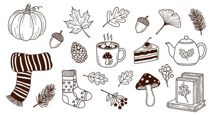 Cozy Autumn Elements Doodle Collection: Pumpkin, Scarf, Socks, Hot Drink and Books © naomi
