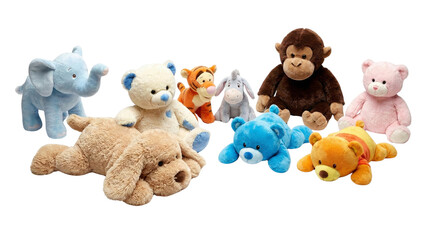 Plush stuffed animal toy collection with teddy bears, elephant, tiger, monkey and pig on white background