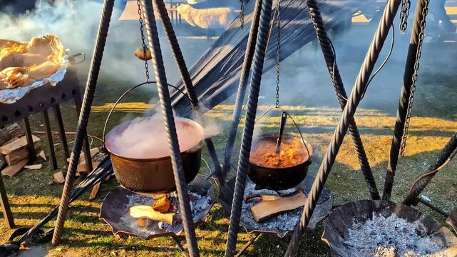 Outdoor cooking with pots over fire in Jelgava, Latvia, festive ambiance