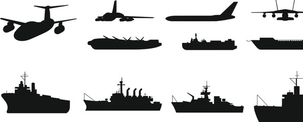 Military aircraft and naval ship silhouette collection showing defense transport vehicles isolated black vector © Shohan Creatives 