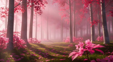 Naklejka premium Enchanted pink forest with blooming flowers and ethereal mist