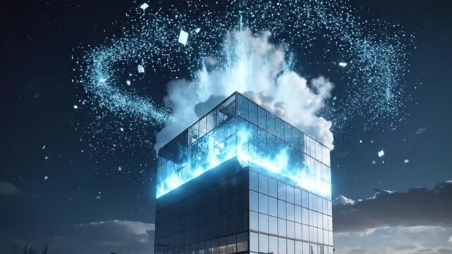Futuristic glass building with a cloud hovering above, symbolizing cloud comg technology.