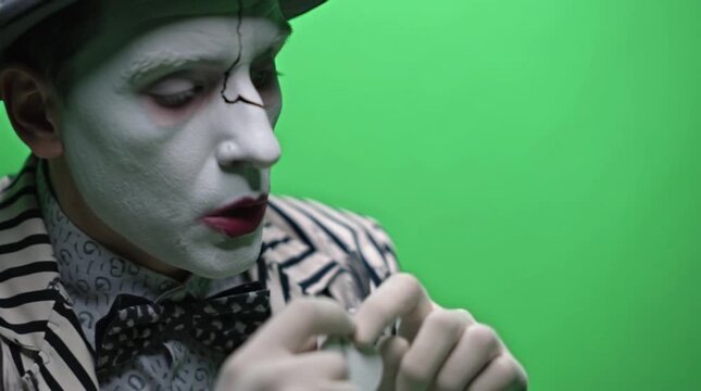 Close-up portrait of a sad mime with white face paint and a black-and-white striped shirt against a green background.