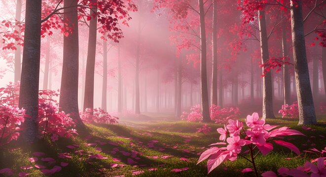 Enchanted pink forest with blooming flowers and ethereal mist