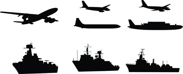 Military aircraft and warship silhouette set showing planes ships defense transport isolated black vector © Shohan Creatives 