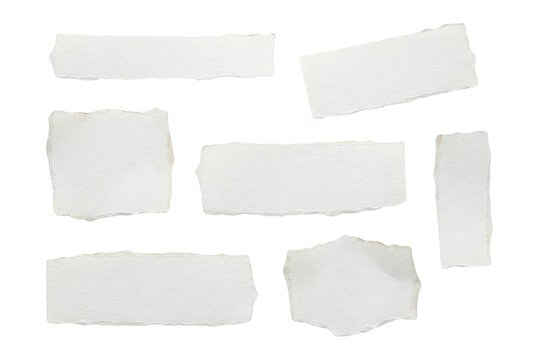 Set of white torn paper strips with deckle edge texture, minimal collage elements for mockup or scrapbook, isolated on transparent background, png