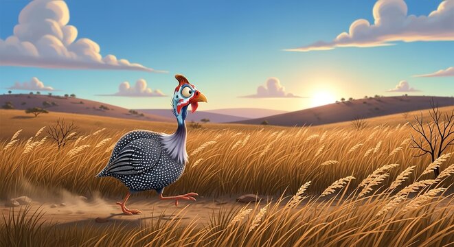 A guinea fowl runs through a serene savannah landscape during a vibrant sunset