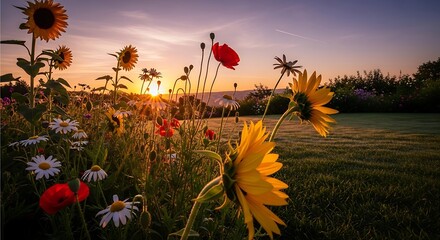 Vibrant Field of Sunflowers and Poppies at Sunset.