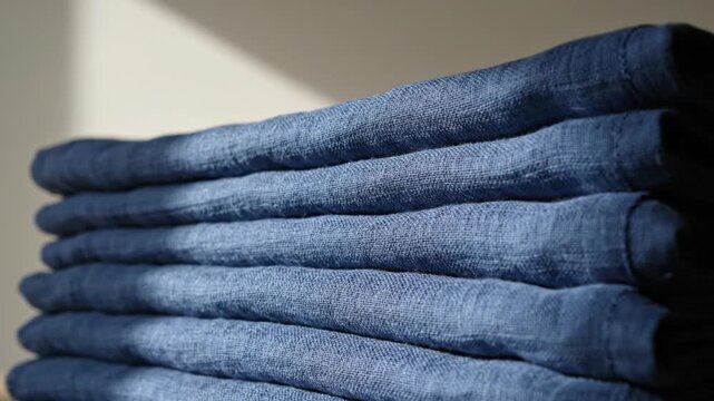 Stack of folded blue denim fabric indoors with sunlight