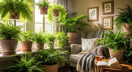 Lush Indoor Oasis - A Cozy Room Filled with Ferns.