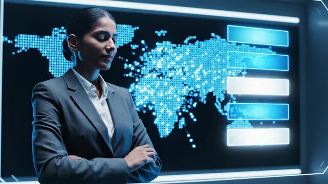 Woman interacting with futuristic touchscreen display featuring world map