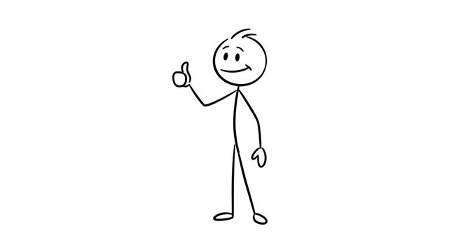 Happy Stick Figure Cartoon Man Showing Thumbs Up Gesture on Isolated White Background