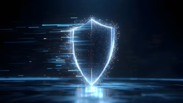 Cybersecurity shield graphic representing digital protection and online safety in a futuristic abstract environment