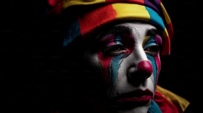 A close-up portrait of a sad mime with colorful makeup on a dark background.