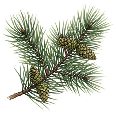 Fototapeta premium Evergreen Pine Branch with Green Cones, Botanical Watercolor Illustration