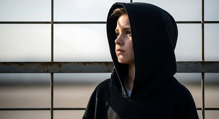 Contemplative young person in black hoodie looking away.