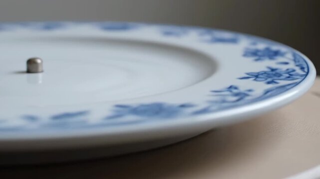 A tiny metallic object, possibly a bullet or pellet, is precisely balanced on a decorative ceramic plate.