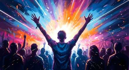 Obraz premium Vibrant holi celebration man with hands raised in joyful hindu festival of colors