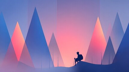 Fototapeta premium Silhouette of a Person Contemplating the Majestic Mountain Landscape at Sunset.