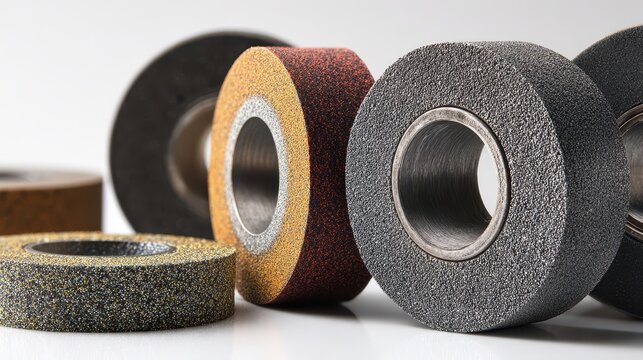 Assorted abrasive wheels on a clean white background for product display