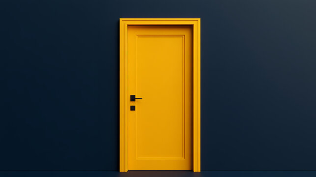 Yellow door blue wall modern interior minimal design closed door home entrance authentic connection contrast color geometric shape yellow door against dark blue wall modern interior minimal design