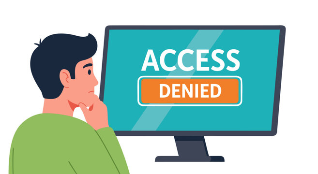 Access Denied screen shows a frustrated man looking at a computer monitor, vector illustration
