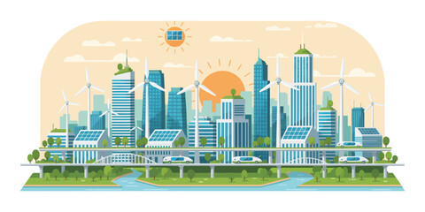 Fototapeta premium Sustainable cityscape with renewable energy sources and green infrastructure