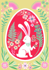 Happy Easter! Greeting card with decorated Easter eggs, cute white bunny, flowers, plants.  Picture for poster, invitation, postcard or background. Painted and Ornamental Eggs. Creative Spring card