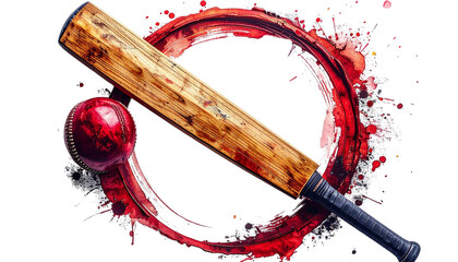 Naklejka premium Cricket bat and ball forming a perfect circular composition, modern sports branding style, isolated on transparent background