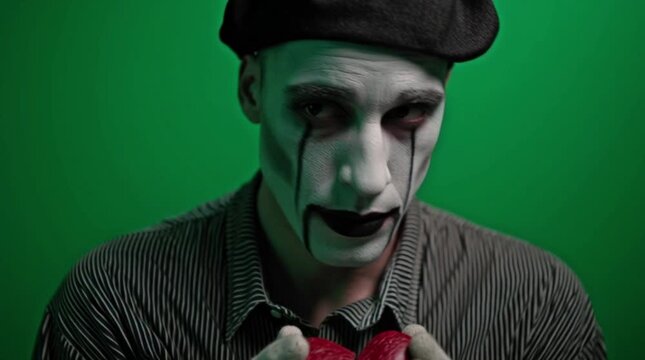 Portrait of a sad mime with painted on tears and a red heart against a green background