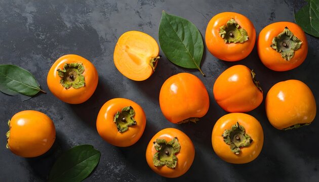 Composici&oacute;n plana de caquis maduros con hojas verdes sobre fondo gris oscuro texturizado