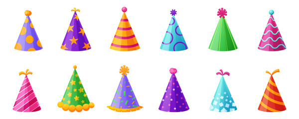 Party hat illustration set with colorful festive designs. celebration and birthday accessory collection for holiday event, kids party, invitation, decoration, marketing and fun design