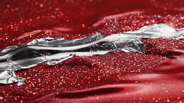 Shiny Red Glitter Surface with Flowing Liquid and Silver Foil Texture