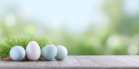Pastel speckled Easter eggs in grass nest on rustic wooden table