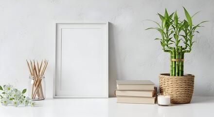Minimalist Interior Composition with Bamboo Plant Picture Frame Books and Decorative Elements on White Surface