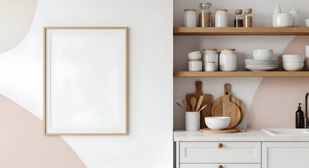 Minimalist Kitchen Interior With Wooden Frame And Shelves Displaying Kitchenware Against White Wall With Pink Accents