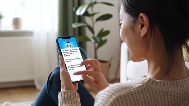 Woman on couch uses smartphone with virtual assistant and text prompts
