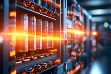 Battery Cells in Formation on Racks with Glowing Light Effects