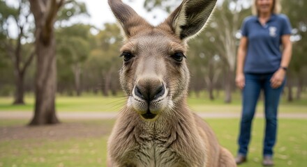 Close-up of a kangaroo in a park with a person in the background.