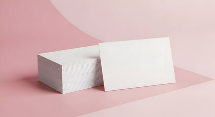 Stack Of White Business Cards On Pink Surface In Minimalist Studio Lighting