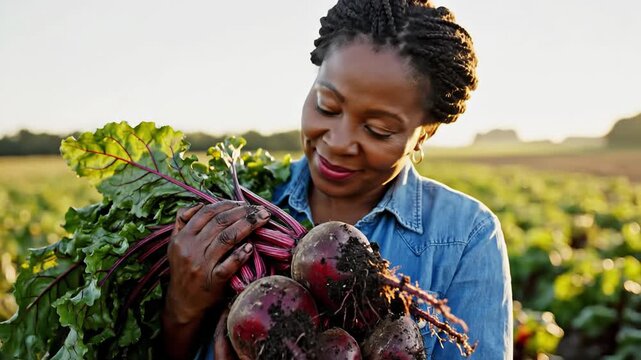 Smiling farmer holding fresh organic beetroots with green leaves in a field at sunset