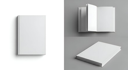 Three White Books in Different Views with Grey and White Background