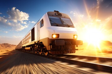 Freight Train Racing Through Desert Landscape at Sunset