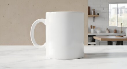 White Coffee Mug on a Marble Surface with a Kitchen Background and Natural Light