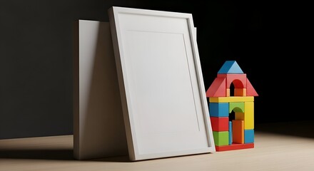 White Frame And Colorful Wooden Blocks Structure On Beige Surface Against Dark Backdrop