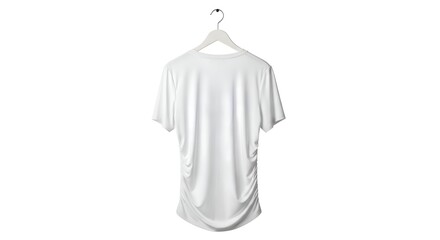 White T Shirt Hanging On A Hanger Against A Pure White Background