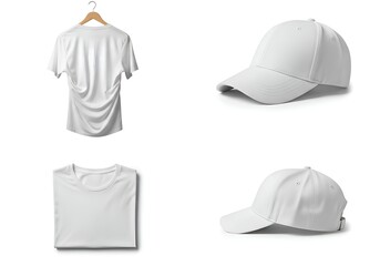 White T Shirts and Baseball Caps Displayed on a White Background with Soft Shadow