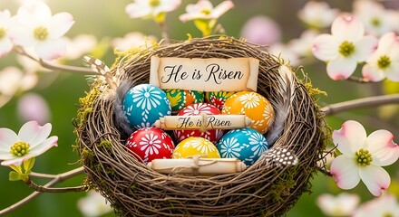 Festive Easter Nest with Colorful Eggs and Floral Backdrop.